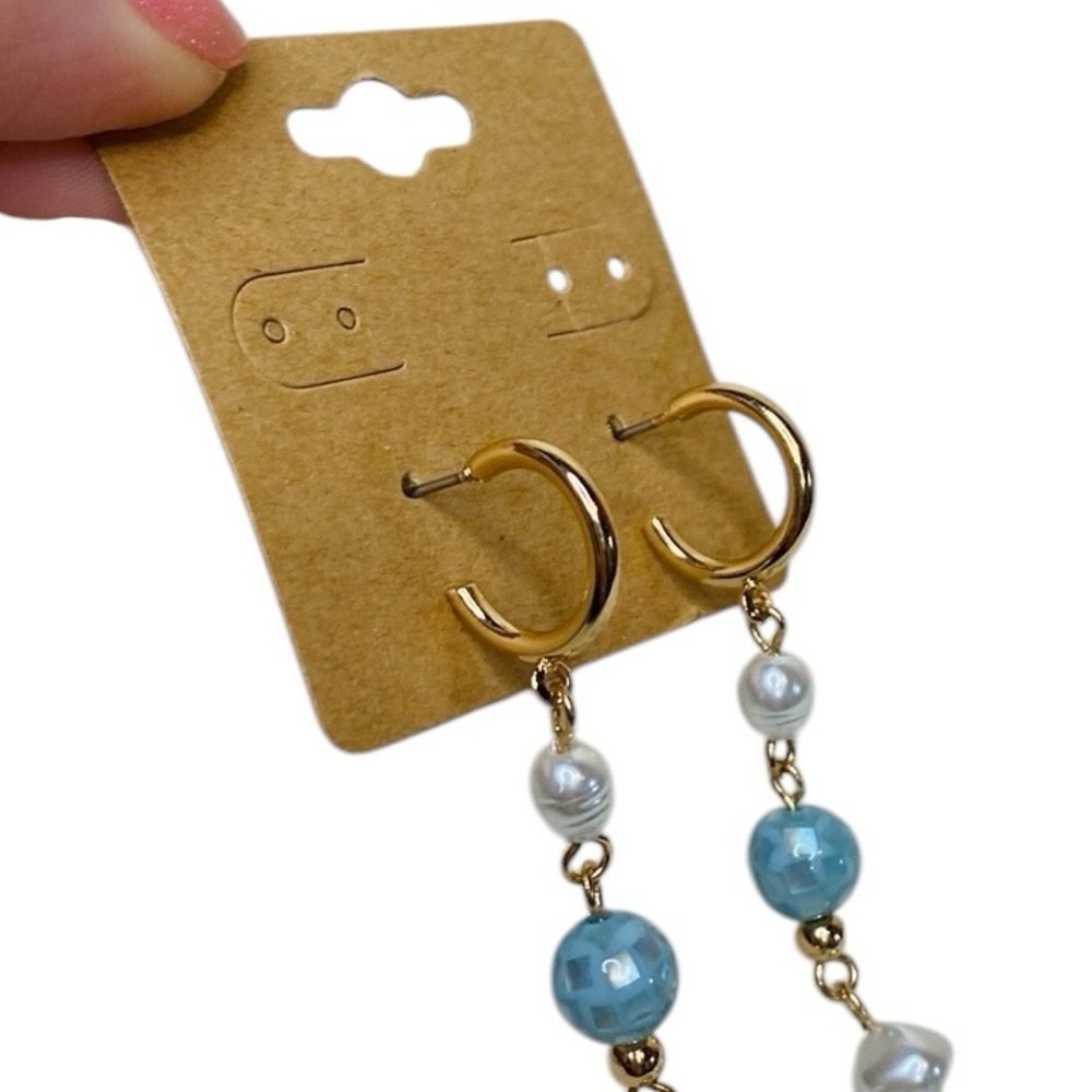 NWOT Blue/Gold-Tone Pearl Beaded Earrings - Picture 7 of 7